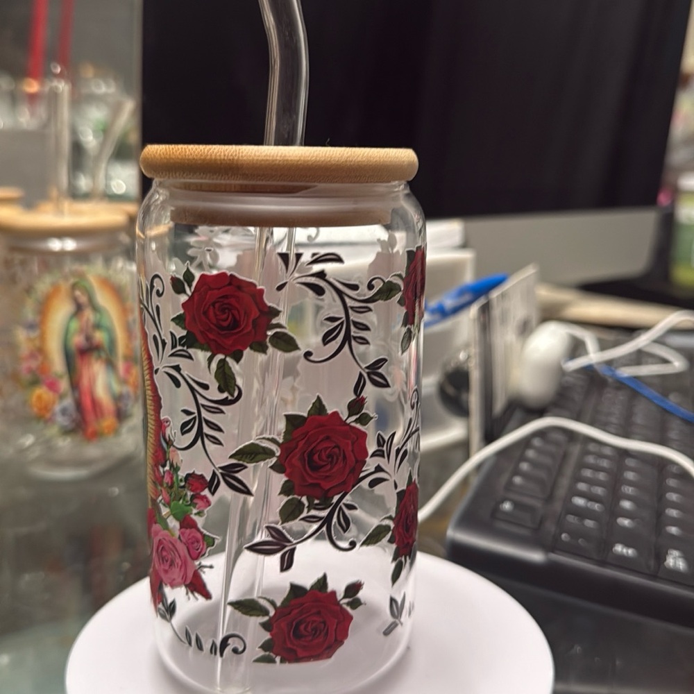 Floral Glass Tumbler with Straw